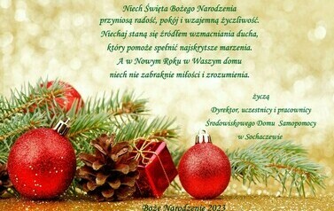 Na zdjęciu kartka z życzeniami świątecznymi przedstawiająca gałązkę świerkową, szyszkę, bombki